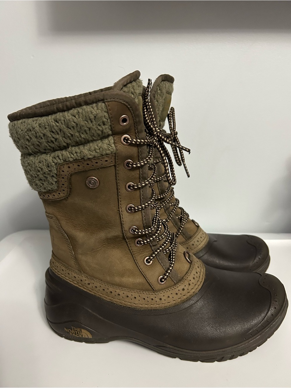 The North Face Olive and Dark Brown Women's Insulated Lace-Up Winter Boots